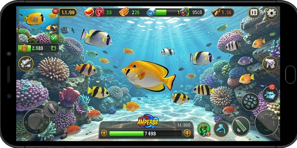 Tampilan gameplay yang menarik dari AMPER88 dengan banyak ikan untuk ditembak.