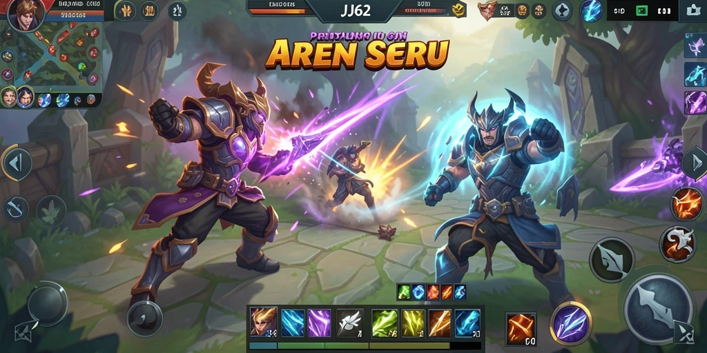 Gameplay mendebarkan dalam arena pertarungan MOBA.