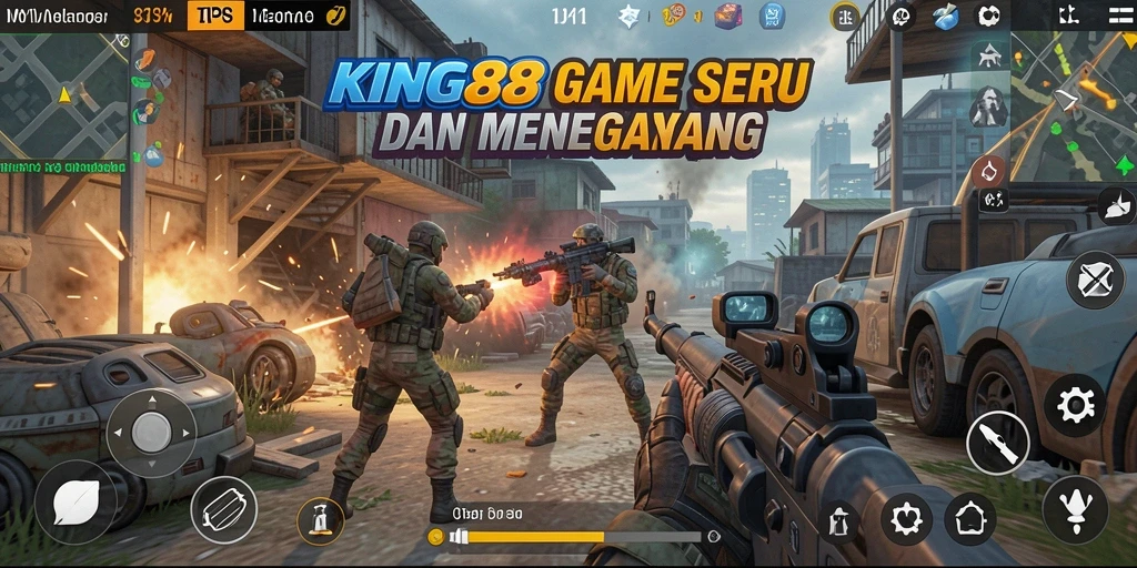 Tampilan gameplay menegangkan di KING88 dengan aksi tembak-menembak.