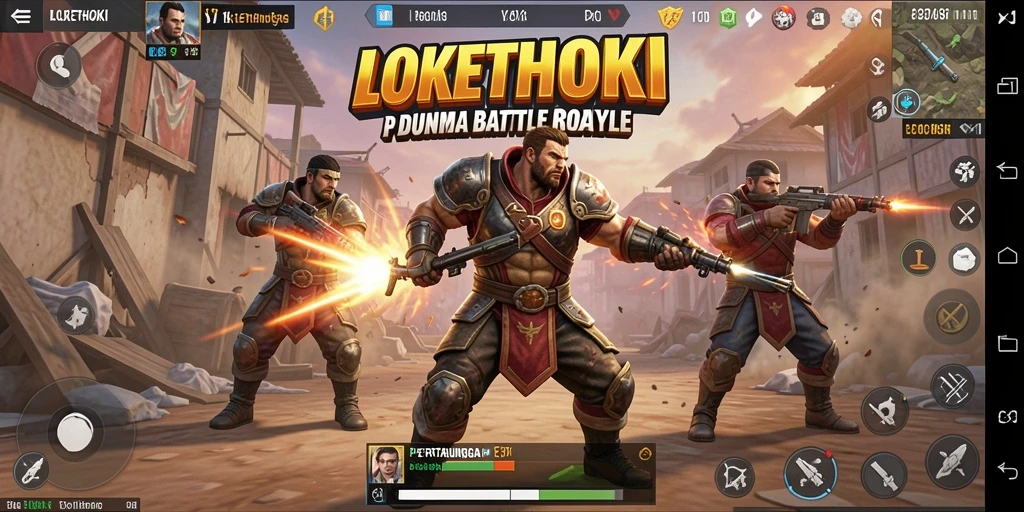 Screenshot gameplay LOKETHOKI menunjukkan aksi pertarungan seru di arena Battle Royale.