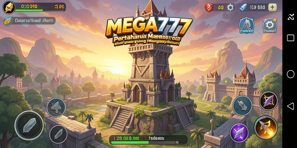 Screenshot gameplay MEGA777 menunjukkan aksi menara pertahanan yang intens.