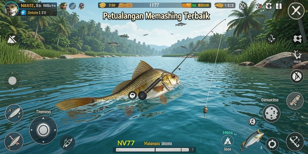 Screenshot NV77 menampilkan gameplay memancing yang seru dan menantang.