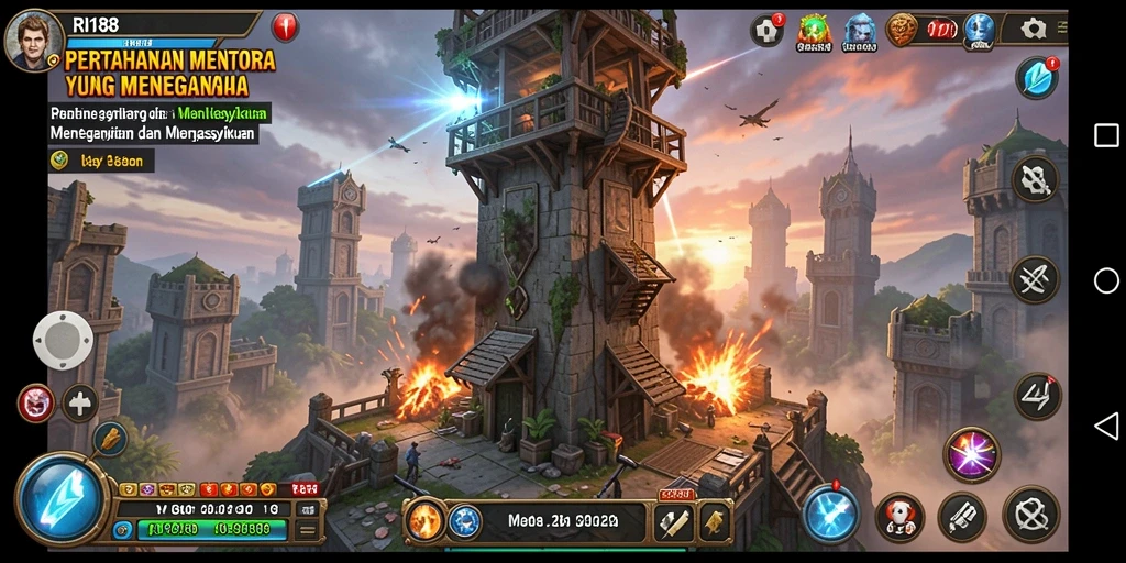 Screenshot utama dari gameplay Tower Defense RI188 dengan menara beraksi.
