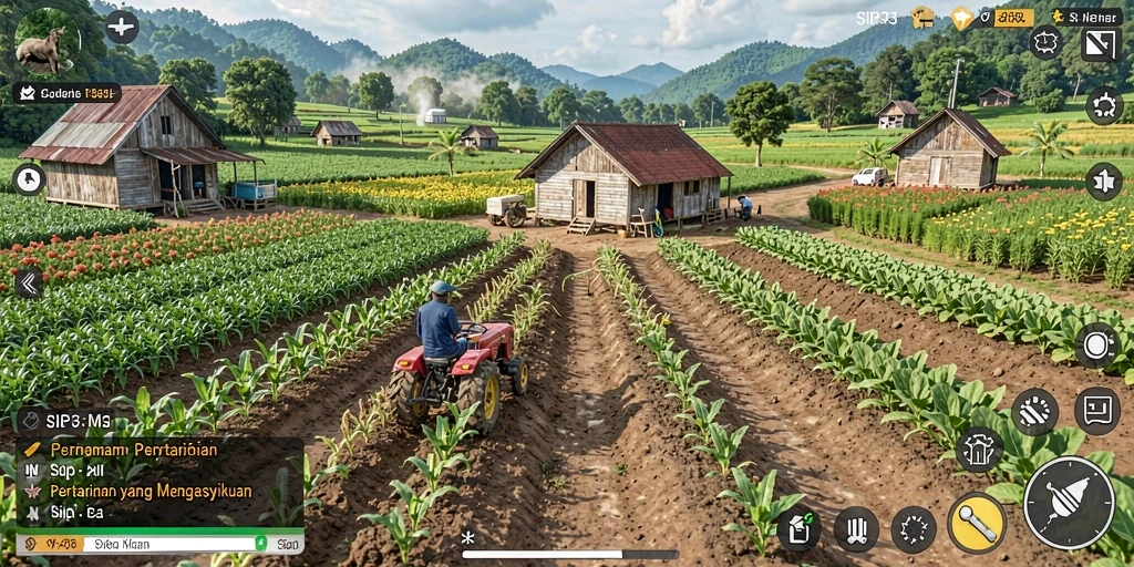 Tampilan utama gameplay SIP33 yang menampilkan pertanian yang indah