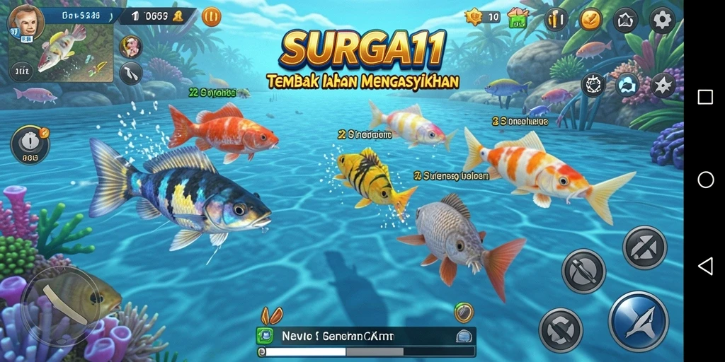 Tampilan gameplay SURGA11 yang menampilkan serunya menembak ikan.