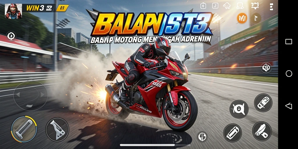 Tampilan gameplay seru dalam balap motor dengan banyak kompetisi.